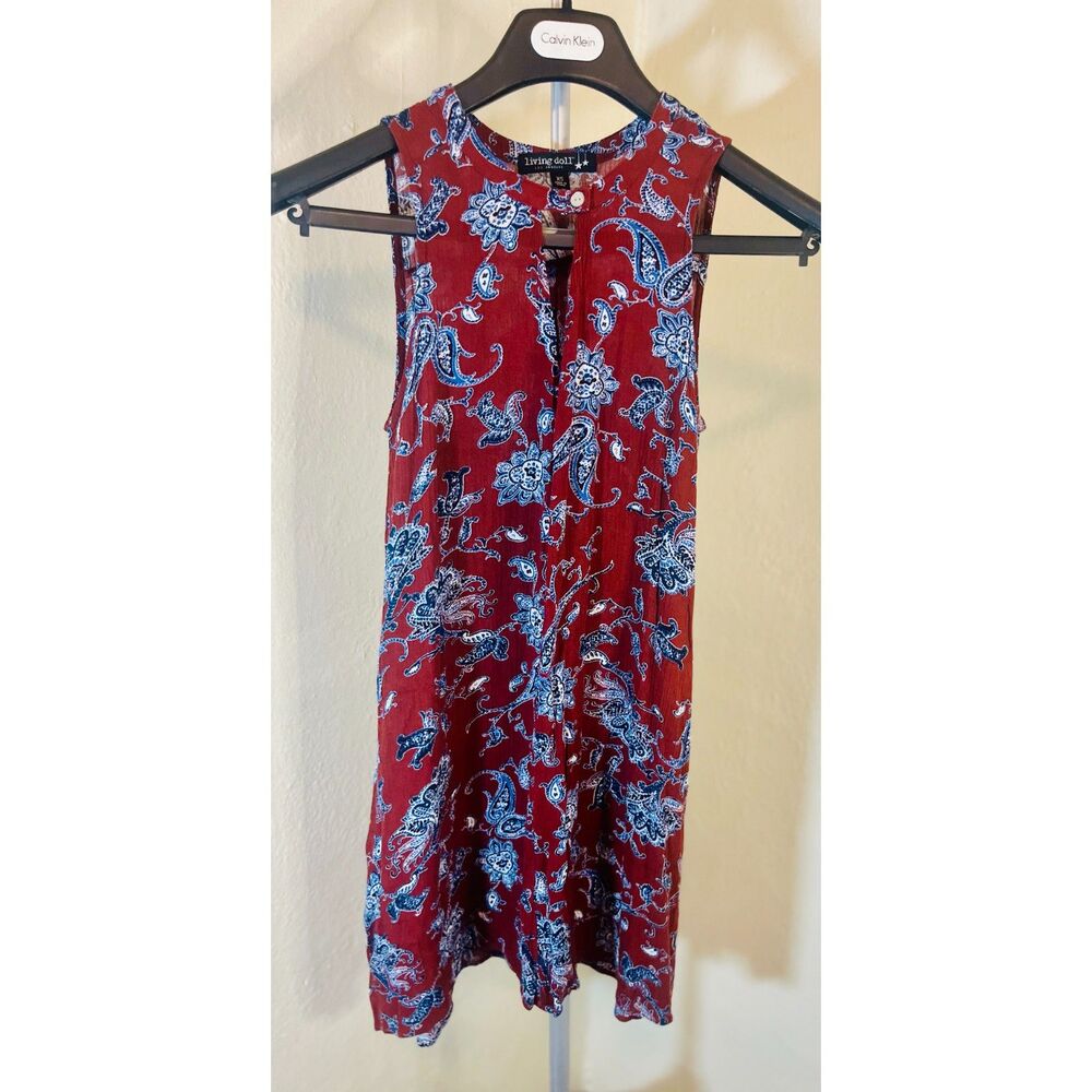 Living Doll Brown & Blue Paisley Sleeveless Keyhole Swing Dress XS